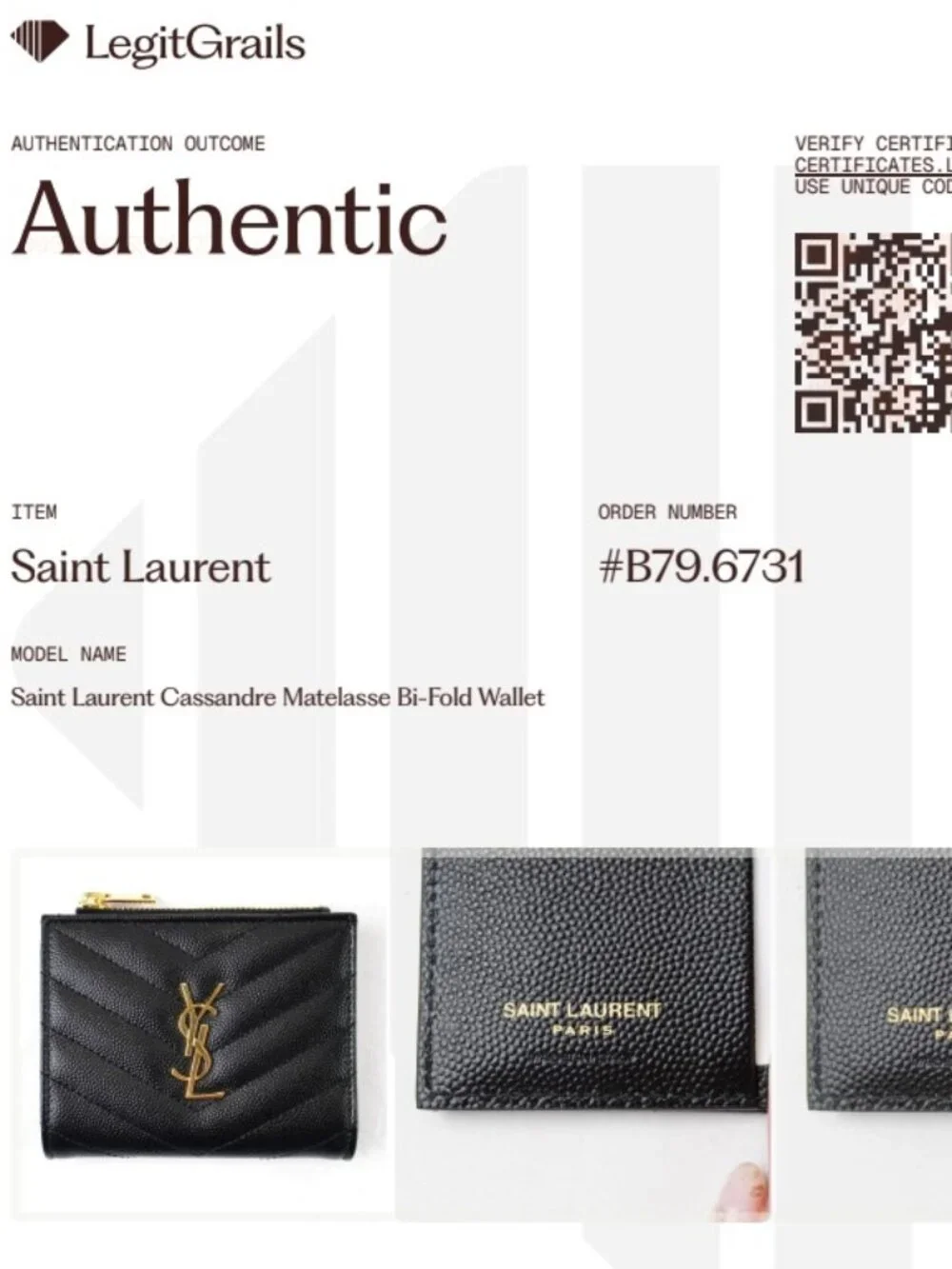 Saint Laurent Cassandre Matelasse Bi-Fold Wallet In Grain Black Leather - NWT - Picture 11 of 11